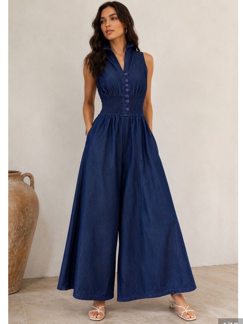 NWT Step in Style Halter Sleeveless Wide-Leg Smocked Jumpsuit in Navy